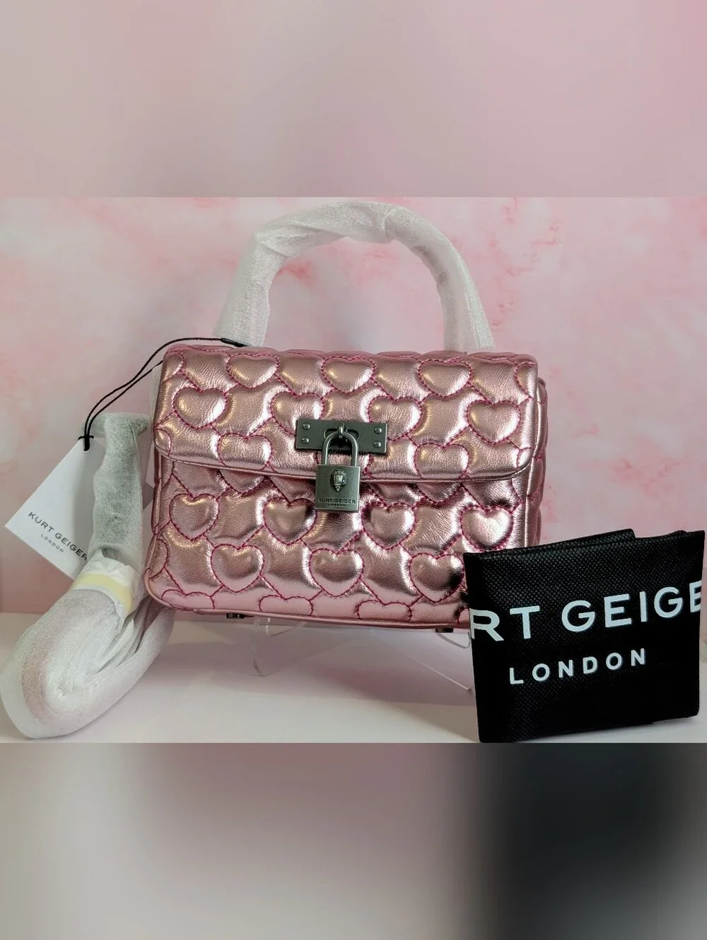 Kurt Geiger London Pink Heart Mini Brixton Metallic Bag NWT Dust Bag Included